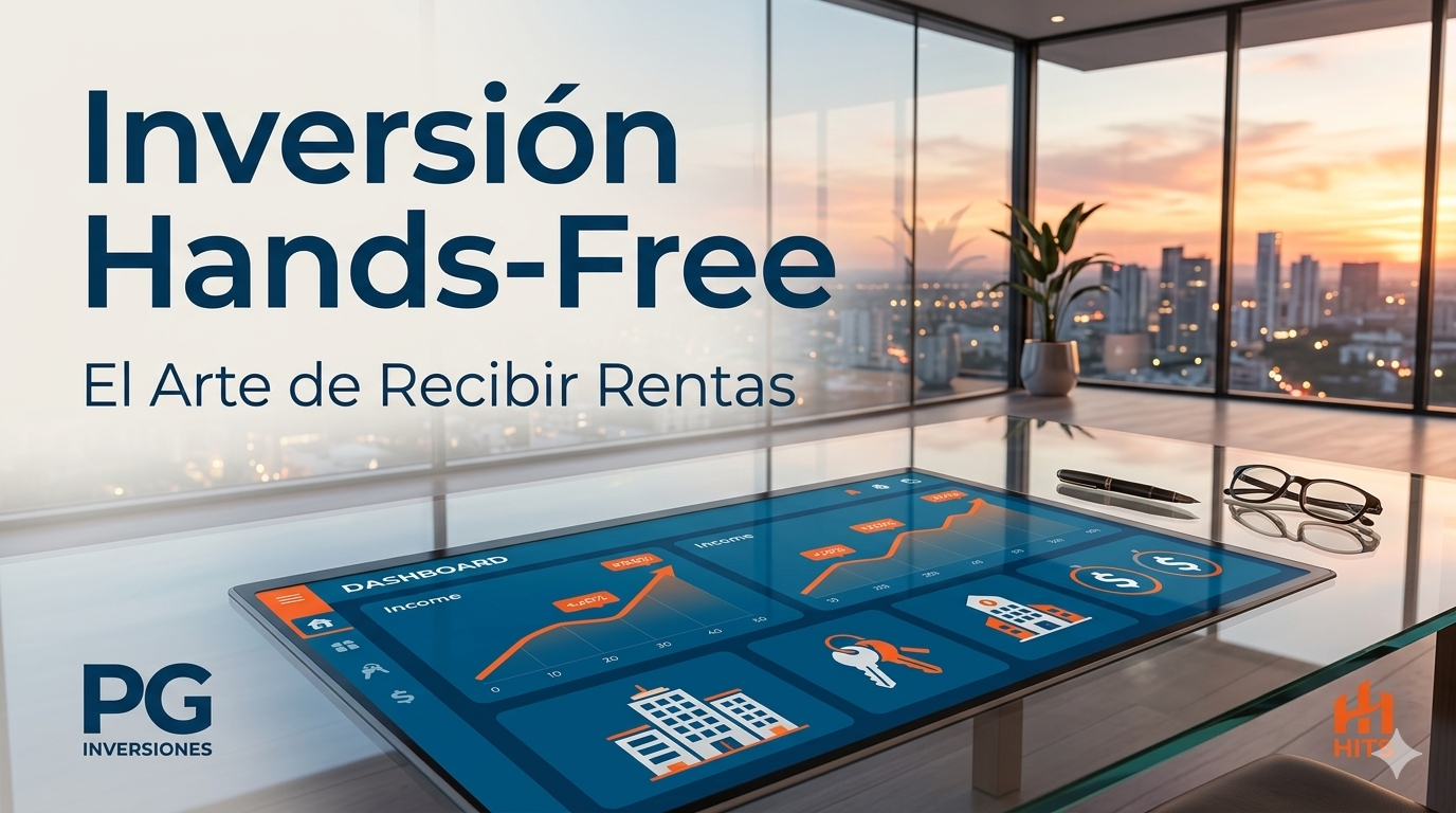 Escritorio de cristal en oficina de lujo con vista al atardecer, mostrando un panel digital interactivo con gráficos de ingresos y activos inmobiliarios de PG Inversiones.