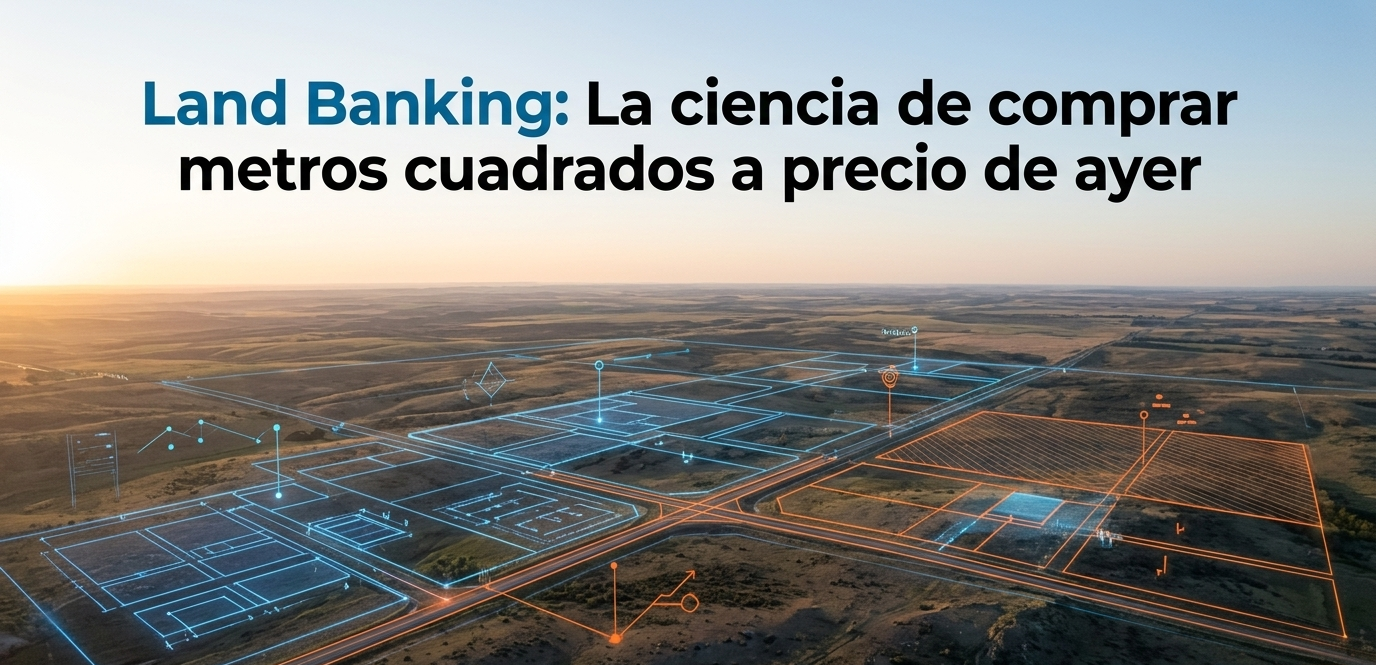 Vista aérea de un paisaje extenso con divisiones digitales de parcelas en azul y naranja, representando el análisis técnico de Land Banking y el potencial de desarrollo urbano.