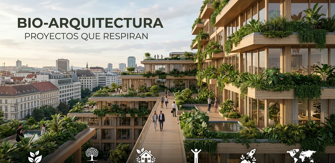 Ilustración fotorrealista de un gran rascacielos integrado completamente con un árbol gigante y cubierto de abundante vegetación en terrazas. El texto en la imagen dice 'BIO-ARQUITECTURA', 'INVIRTIENDO EN PROYECTOS QUE RESPIRAN', 'EDIFICIOS VIVOS Y SOSTENIBLES' y 'INTEGRACIÓN CON LA NATURALEZA'. Una ciudad moderna se aprecia al fondo.
