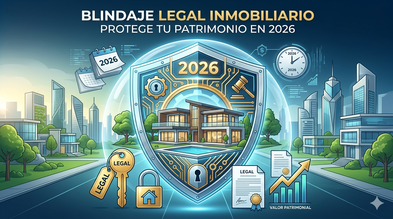 Ilustración conceptual de una casa moderna protegida por un escudo digital con el año 2026, rodeada de documentos legales, llaves y una gráfica de crecimiento patrimonial, bajo el título "Blindaje Legal Inmobiliario".