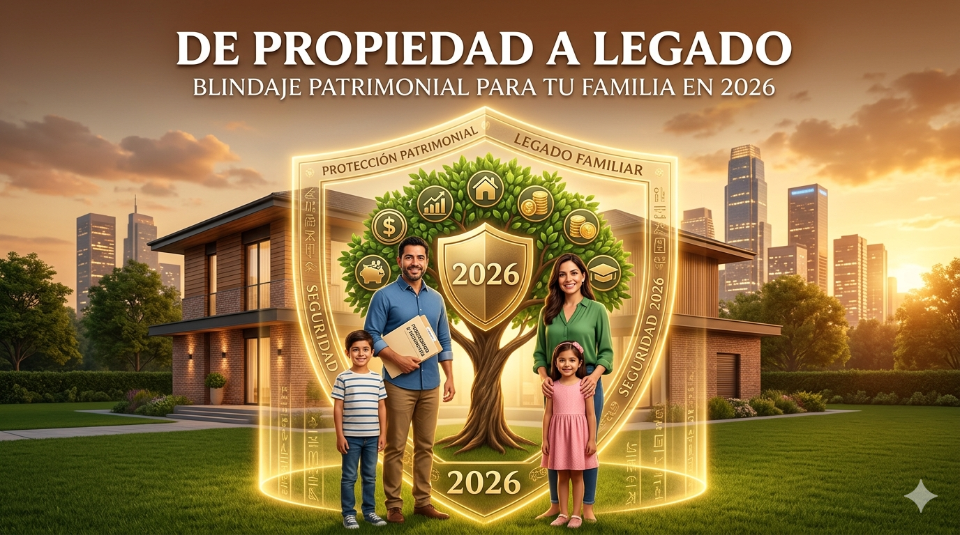Una familia de cuatro integrantes posando frente a una residencia moderna, protegidos por un escudo dorado que contiene un árbol de la vida con iconos de inversión, hogar y educación, bajo el encabezado "De Propiedad a Legado".
