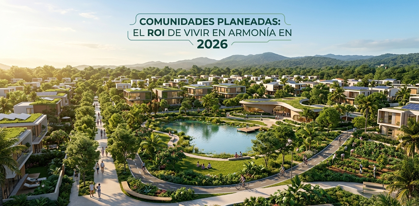 Una vista aérea moderna de una comunidad planeada que integra áreas residenciales con espacios verdes, un gran estanque central y senderos peatonales, que simboliza el retorno de inversión y la armonía para 2026.