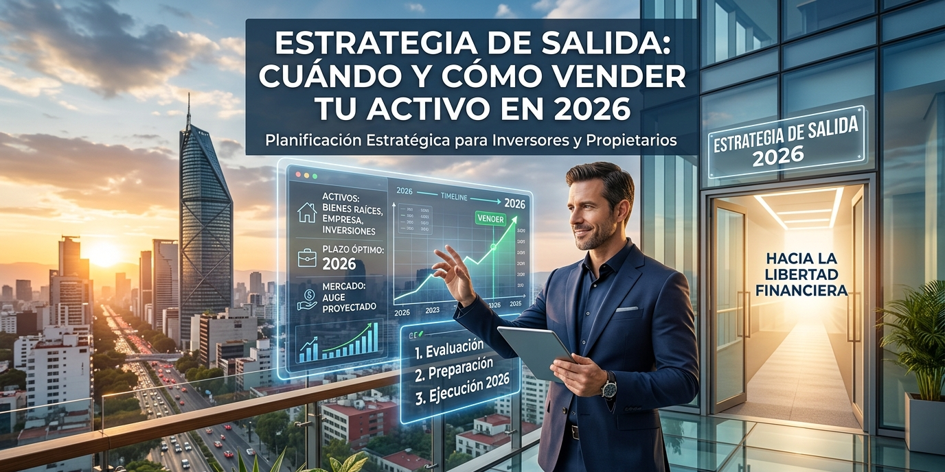 Un asesor profesional analizando una interfaz holográfica que detalla pasos de evaluación, preparación y ejecución para la venta de activos en 2026, con una vista urbana moderna de fondo y el mensaje "Hacia la Libertad Financiera".