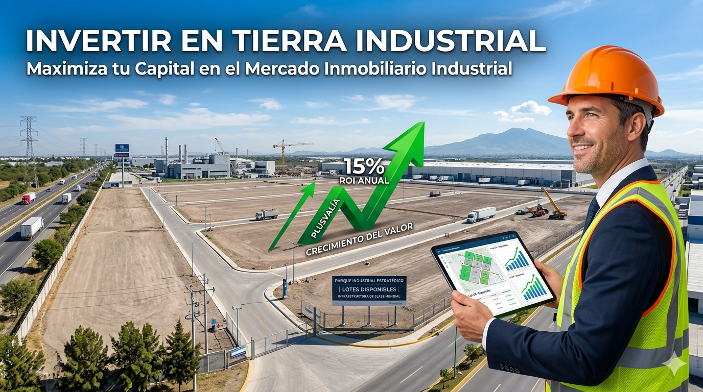 Un profesional inmobiliario con casco de seguridad y tablet muestra una gráfica de crecimiento con un 15% de ROI anual sobre un terreno industrial parcelado, con naves industriales y una autopista de fondo.