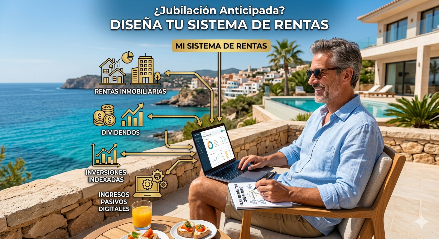 Una infografía titulada "¿Jubilación Anticipada? Diseña tu Sistema de Rentas" que muestra a un hombre en una terraza costera con una laptop, rodeado de iconos y flechas que representan fuentes de ingresos: "Rentas Inmobiliarias", "Dividendos", "Inversiones Indexadas" e "Ingresos Pasivos Digitales".