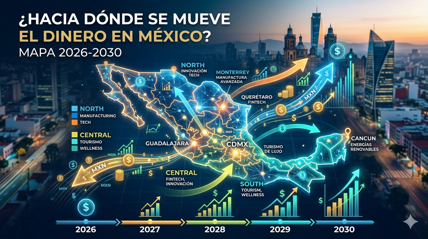 Visualización holográfica y digital de un mapa estratégico de México para el periodo 2026-2030, mostrando flujos de capital, tendencias de crecimiento económico, gráficos de inversión inmobiliaria e infraestructura en regiones clave, en un estilo futurista de ciberpunk con luces de neón azules y naranjas.
