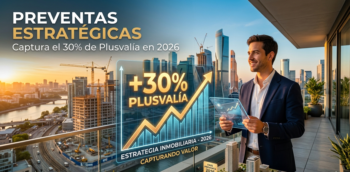 Una ilustración infográfica que muestra una gráfica de línea que se eleva constantemente desde un punto de partida hasta '2026', con un marcador del '30%' de plusvalía. Un hombre y una mujer profesionales (asesores inmobiliarios/arquitectos) están de pie sobre la gráfica, sonriendo y señalando un moderno edificio de condominios de gran altura en el fondo bajo un cielo azul. El texto 'PREVENTAS ESTRATÉGICAS' y 'PLUSVALÍA 30%' están presentes en la imagen.
