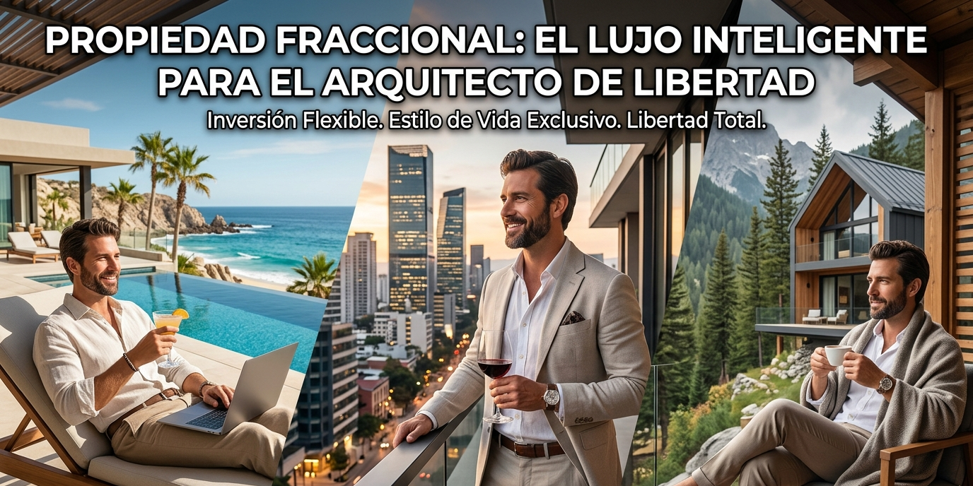 Composición visual de un hombre disfrutando de tres entornos de lujo: una alberca frente al mar, un balcón en una metrópoli moderna y una terraza en la montaña, representando la flexibilidad de la propiedad fraccional.