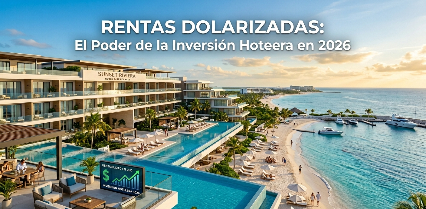Vista panorámica de un lujoso complejo hotelero frente al mar llamado "Sunset Riviera", con múltiples albercas infinitas, yates en el horizonte y una pantalla digital que muestra un gráfico de rentabilidad creciente en dólares (USD) para el año 2026.