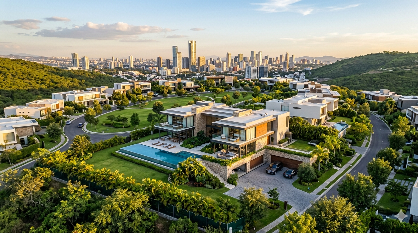 Visualización fotorrealista de un gran cartel de madera y metal que dice "RESIDENCIAL PREMIUM: ¿POR QUÉ EL VALOR DEL SUELO NUNCA RETROCEDE?" en letras grandes. Detrás del cartel hay un lago sereno y una colina con lujosas villas de arquitectura moderna integradas en la naturaleza, con abundante vegetación. El cielo está despejado y soleado.