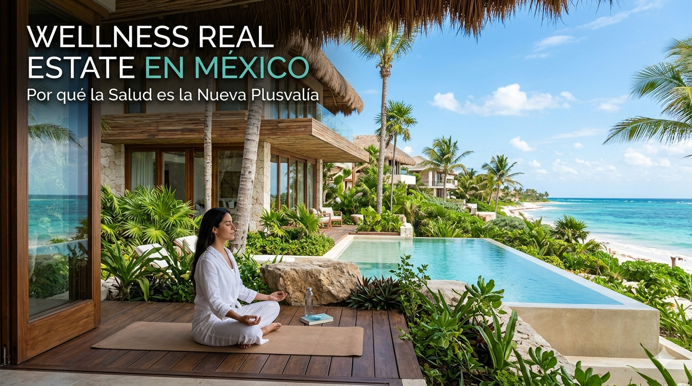 Una mujer meditando en una terraza de madera de una residencia de lujo frente al mar en México, rodeada de vegetación tropical y una alberca infinita, ilustrando el concepto de Wellness Real Estate.